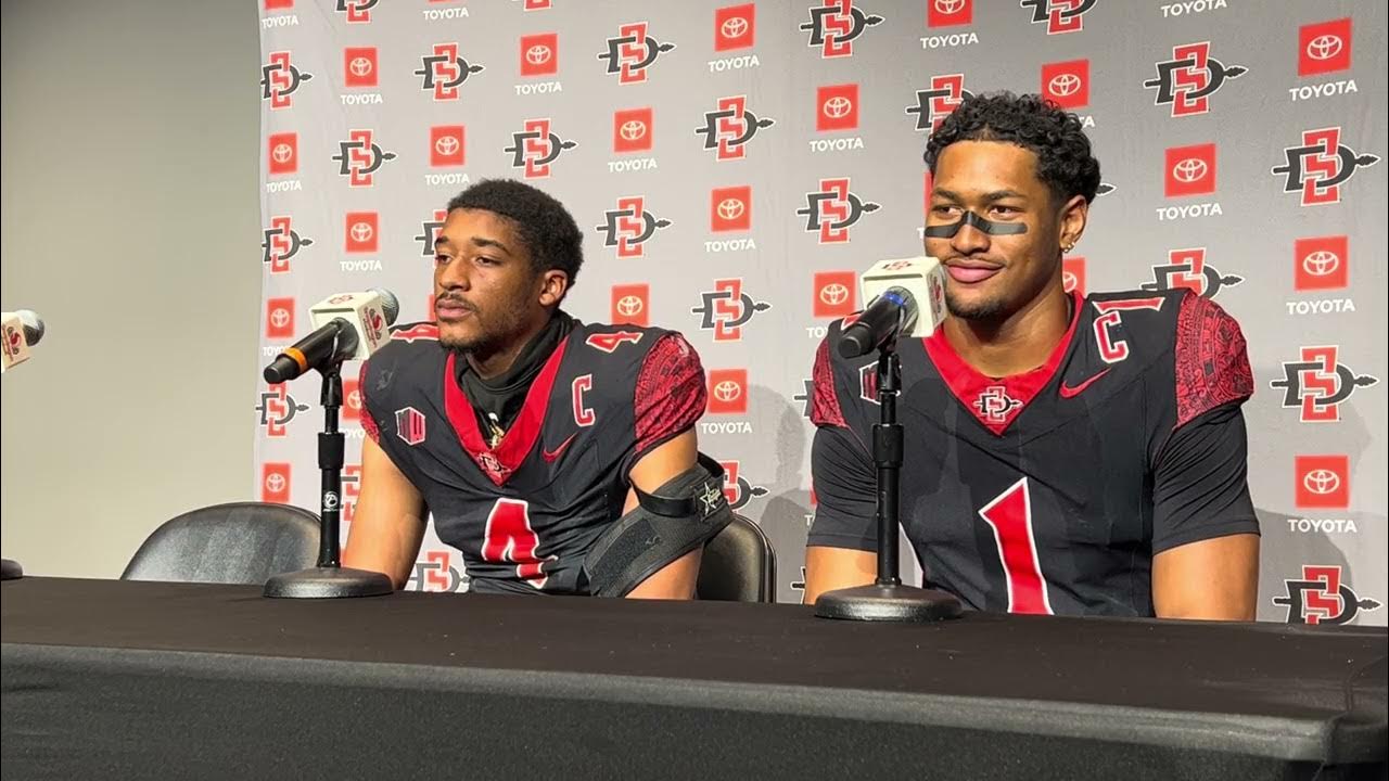 JamesNewell96's tweet card. Aztecs Jayden Denegal and Chris Johnson postgame following their 25-3...