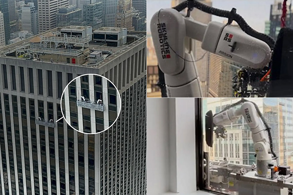 techeblog's tweet card. Skyline Robotics has successfully deployed Ozmo, the world’s first robotic-armed window-cleaning robot, at 1133 Avenue of the Americas, a 45-story Class A office tower owned and managed by The Durst...
