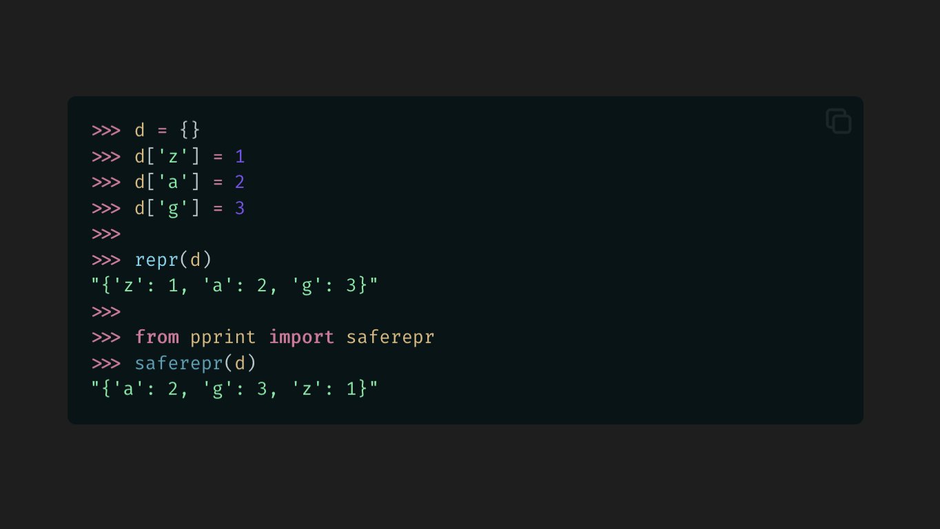chipx86's tweet card. Python’s pprint.saferepr() can be a useful way of comparing string representations of dictionaries and other data types.