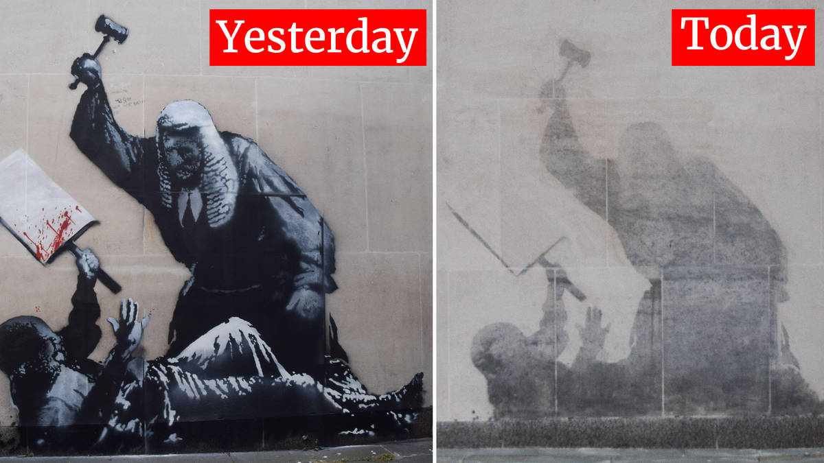 LBC's tweet card. Street art showed judge hitting protestor with gavel, leading to Metropolitan Police response