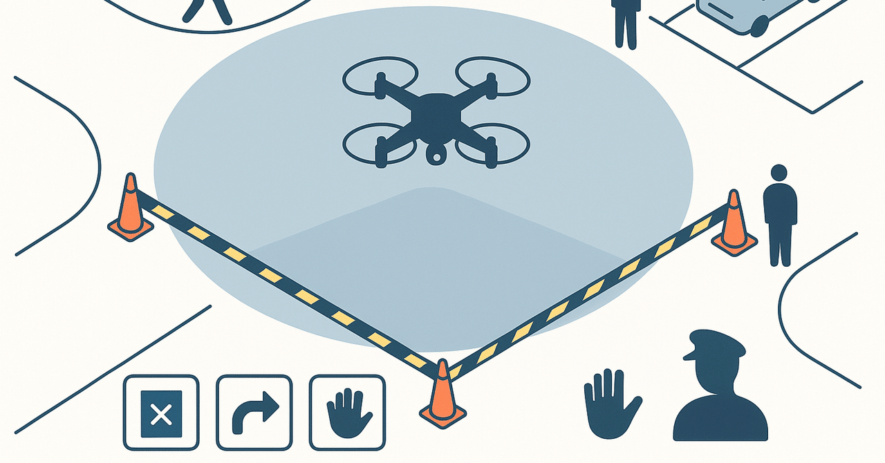 dronepilotwords's tweet card. 更新日：2025-10-12 この記事のねらい： 第三者上空の誤解（距離基準）を解き、管理の実効性を軸に安全半径を“面”で設計できるようにします。 対象： 一等／二等の学科対策、現場の運航責任者・安全担当者。 結論： 判定は「今、人がいないか」ではなく管理が実効的に及んでいるか。安全半径は“面”で定義し、区画・立入管理・監視の組み合わせで裏付けます。 なぜ「距離」ではなく管理なのか...