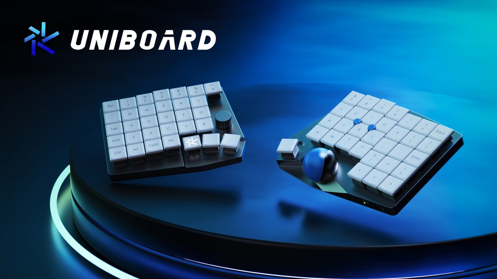 UniboardTech's tweet card. Trackball+Mouse Clicks+Split | Ergo | Bluetooth, 2.4G, Wire | Large Battery | ZMK | 3x Stronger Case | Low-profile | Magnetic Mount