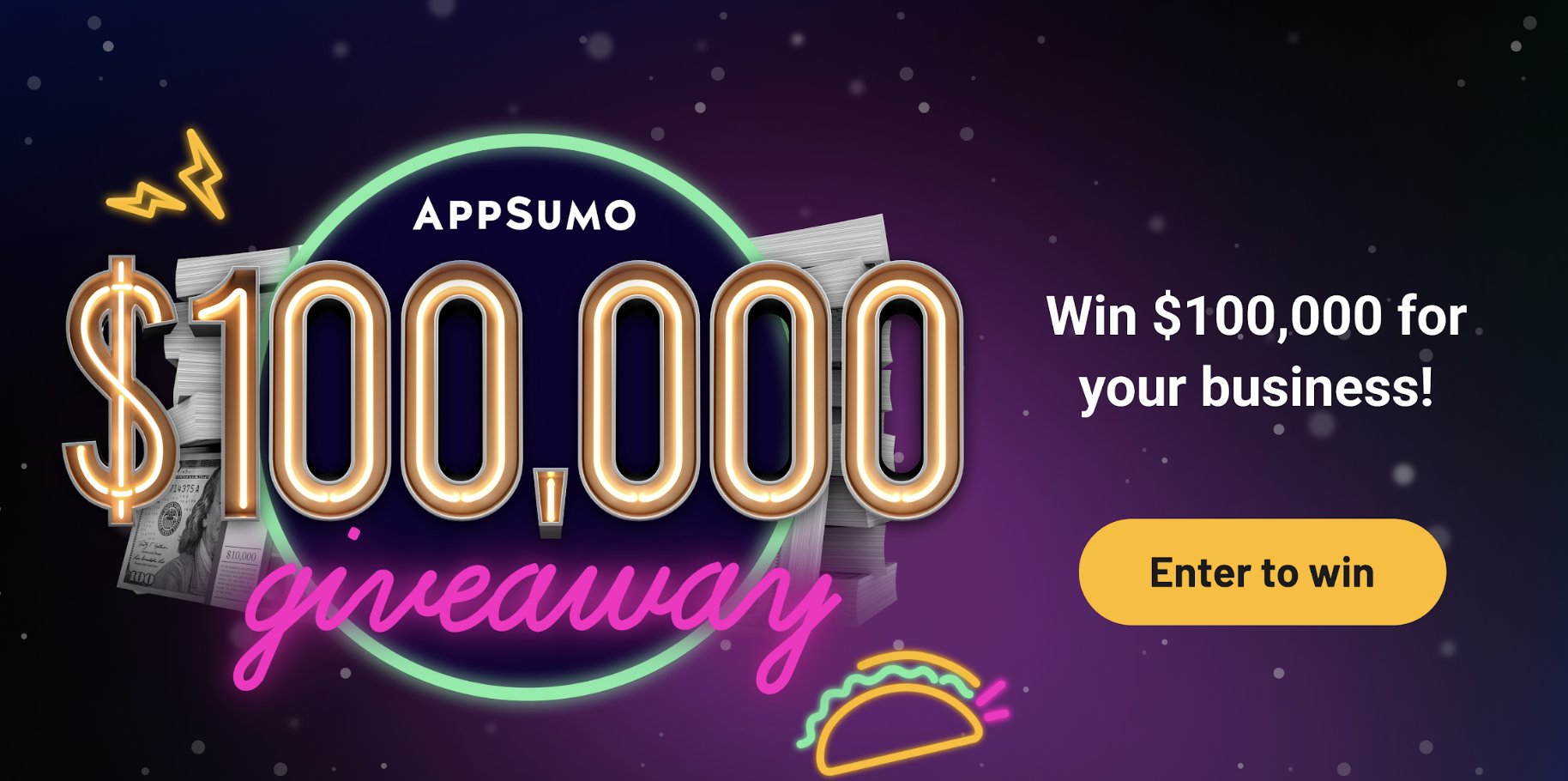 davewsa's tweet card. $100K For Your Business by AppSumo. Hosted by KingSumo Giveaways