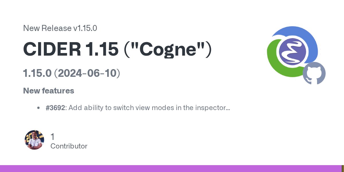 bbatsov's tweet card. 1.15.0 (2024-06-10) New features #3692: Add ability to switch view modes in the inspector (bound to v). #3693: Add cider-enable-nrepl-jvmti-agent defcustom to enable loading native nREPL JVMTI age...