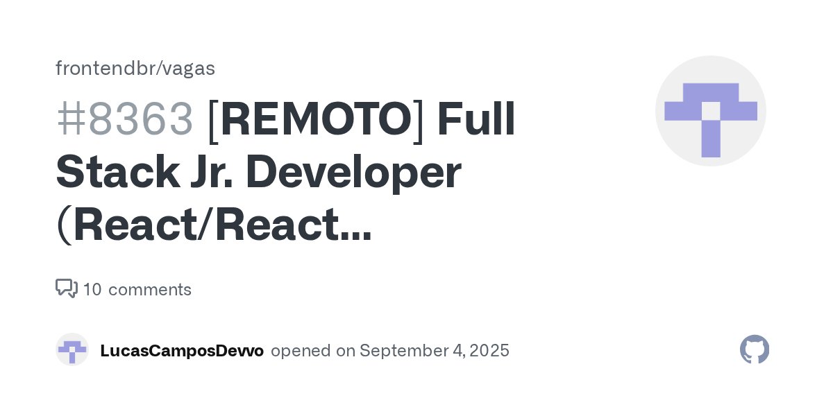 thprogramer's tweet card. Desenvolvedor Full Stack Junior (React/React Native/Nodejs) Aqui na Devvo Tecnologia, estamos em busca de mentes inovadoras e apaixonadas por tecnologia que desejam trilhar um caminho de cresciment...