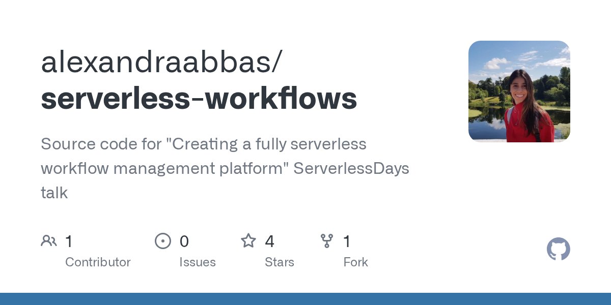 ServerlessdaysV's tweet card. Source code for "Creating a fully serverless workflow management platform" ServerlessDays talk - alexandraabbas/serverless-workflows