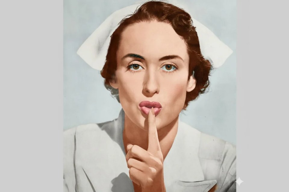 radiolt10's tweet card. El rostro detrás del ícono universal del “silencio hospital” es la modelo argentina Muriel Mercedes Wabney.