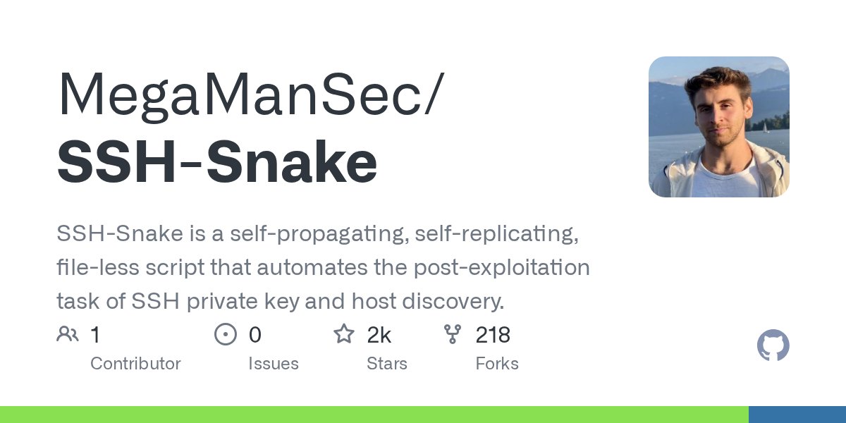 Amaankhan4you's tweet card. SSH-Snake is a self-propagating, self-replicating, file-less script that automates the post-exploitation task of SSH private key and host discovery. - MegaManSec/SSH-Snake