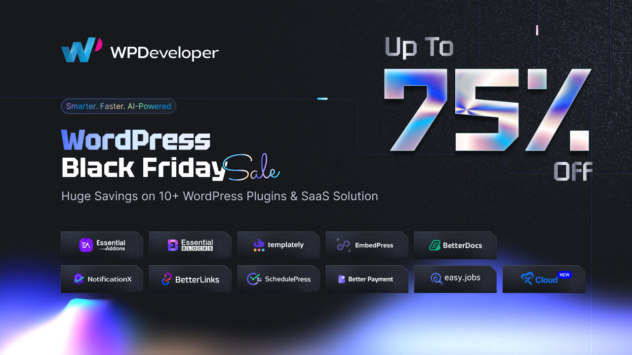 EssentialBlocks's tweet card. Looking for a WordPress deals? Bookmark this page and be the first to know about all the exclusive offers deals on WPDeveloper products.