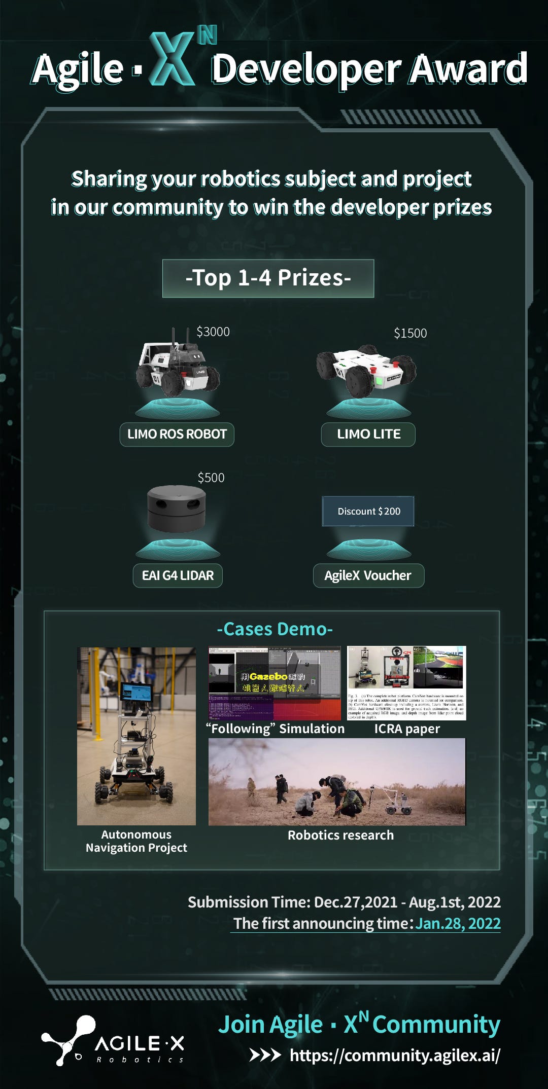 AgileX_Robotics's tweet card. The Agile.XN Developer Award was established to encourage global robotics education and research communication.