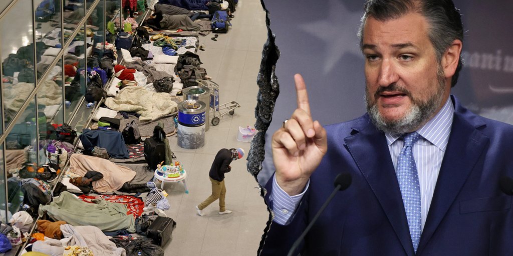 FoxNews's tweet card. Senator Ted Cruz says DOT conspired with cities to house migrants in airports, allowing transportation of individuals without proper identity checks.