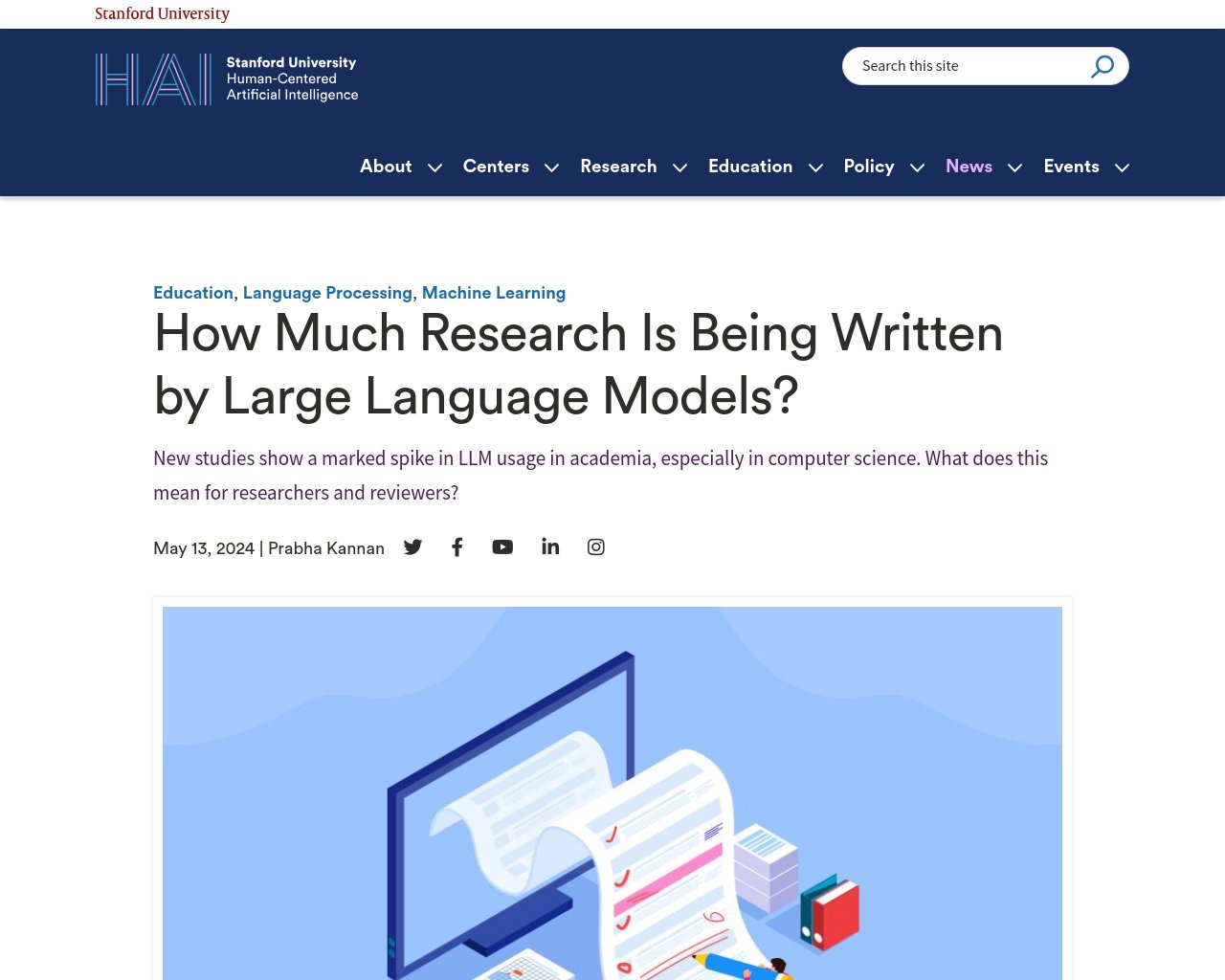 managetech_inc's tweet card. 新しい研究によると、学術界、特にコンピューターサイエンスの分野で LLM の使用が急増しています。これは研究者