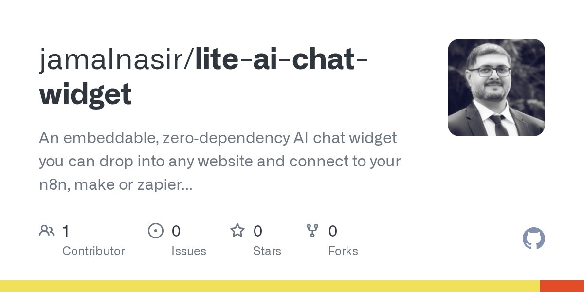 sybergeek's tweet card. An embeddable, zero‑dependency AI chat widget you can drop into any website and connect to your n8n, make or zapier (or any HTTP) webhook. It renders a floating chat bubble, optional pre‑chat form,...
