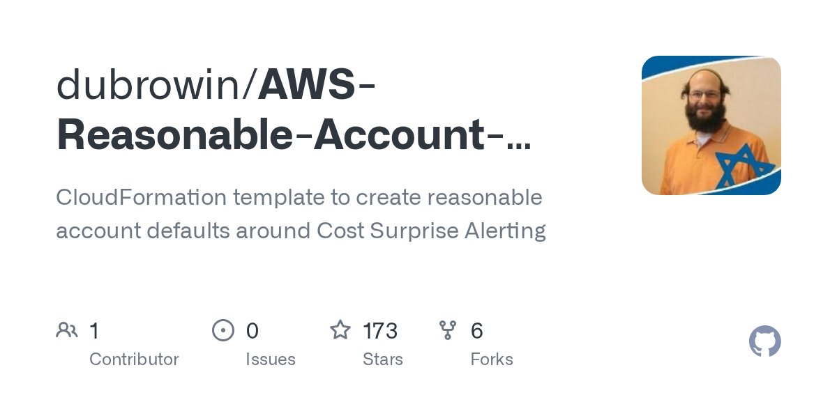 CloudChallenges's tweet card. CloudFormation template to create reasonable account defaults around Cost Surprise Alerting - dubrowin/AWS-Reasonable-Account-Defaults