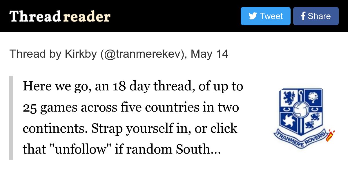 tranmerekev's tweet card. @tranmerekev: Here we go, an 18 day thread, of up to 25 games across five countries in two continents. Strap yourself in, or click that "unfollow" if random South American football is not your thing....