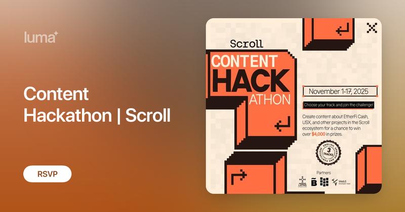 NodoLatino's tweet card. Scroll Content Hackathon 2025 At Scroll, we believe creators are at the heart of an open, vibrant, and thriving Web3 community. Their creativity,…