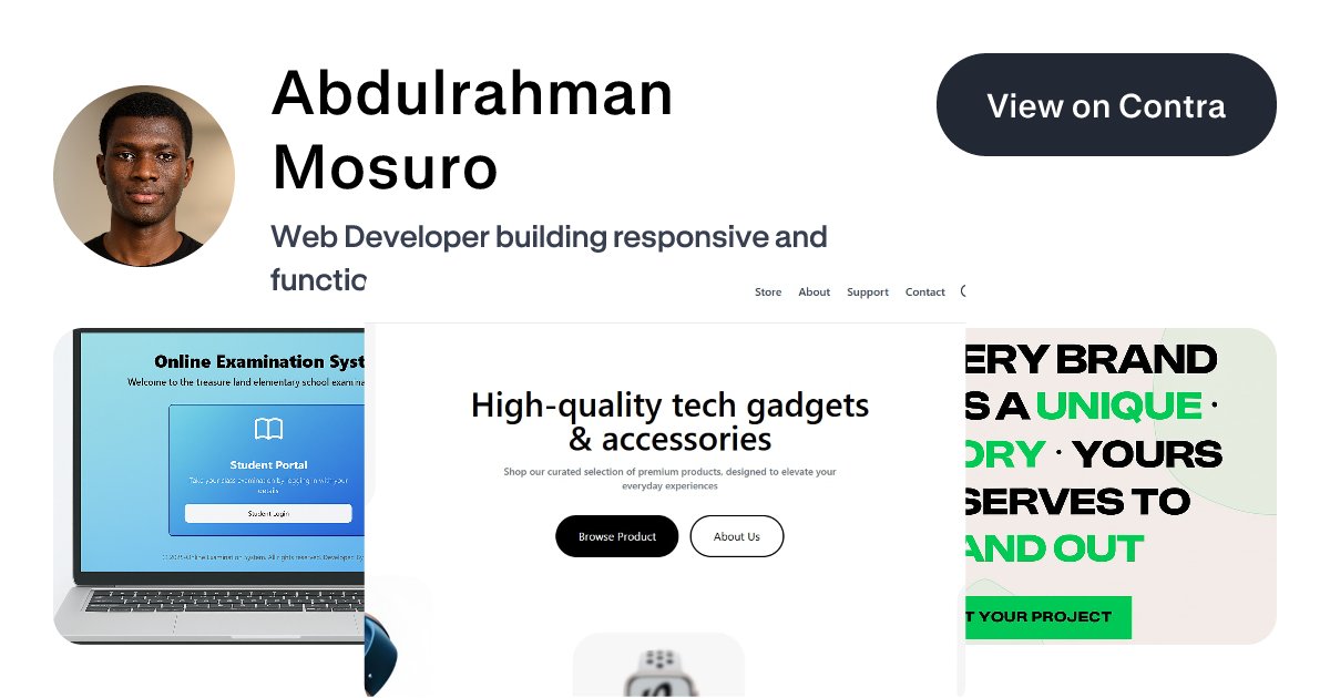 Abdulrahmanmosu's tweet card. View Abdulrahman Mosuro's Profile on Contra, the Independent-first, commission-free freelance marketplace shaping the future of work. Hire a freelancer today!