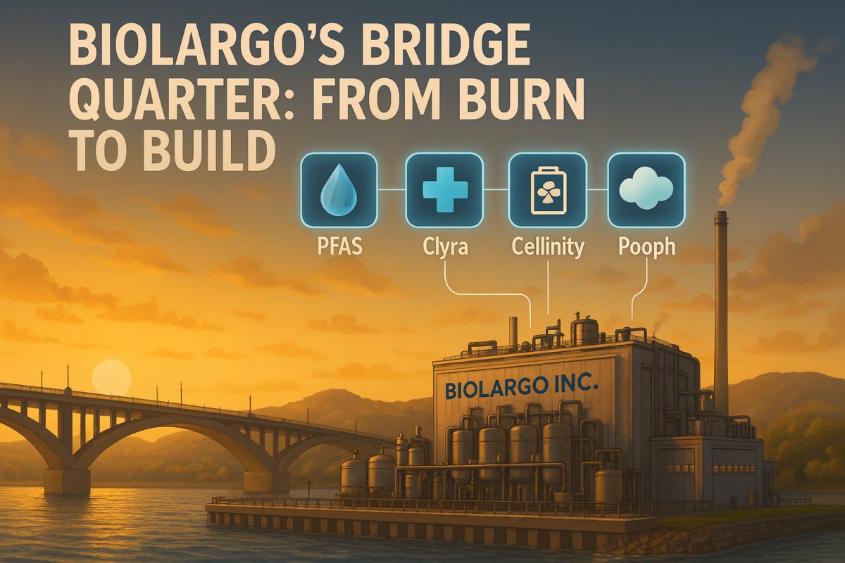 QueTraders's tweet card. BioLargo’s growth hinges on its AEC, Clyra™, and Pooph® innovations, but delays and cash burn turn Q2–Q3 into a critical test for its long-term ambitions.