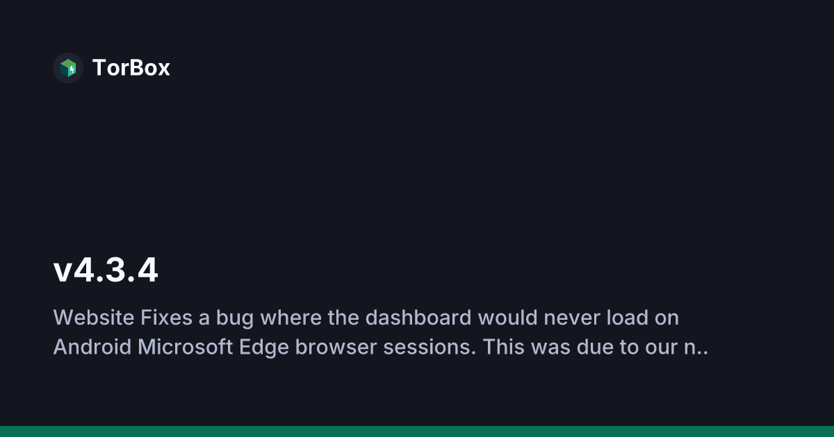 TorBox's tweet card. Website Fixes a bug where the dashboard would never load on Android Microsoft Edge browser sessions. This was due to our notifications API we were usi...