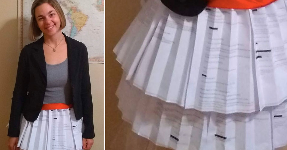 amightygirl's tweet card. Caitlin Kirby wore a skirt made out of 17 rejection letters to her dissertation defense.