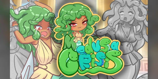 azurezeroart's tweet card. Cute puzzle game where you play as medusa. Play in your browser