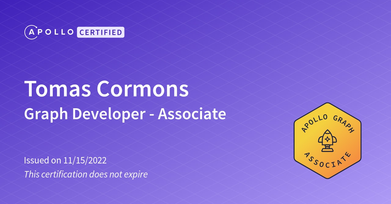 TCormons's tweet card. Developers who obtain this certification possess a solid foundational knowledge of GraphQL and the Apollo tool suite to design a schema, run an Apollo Server, and perform queries with Apollo Client...