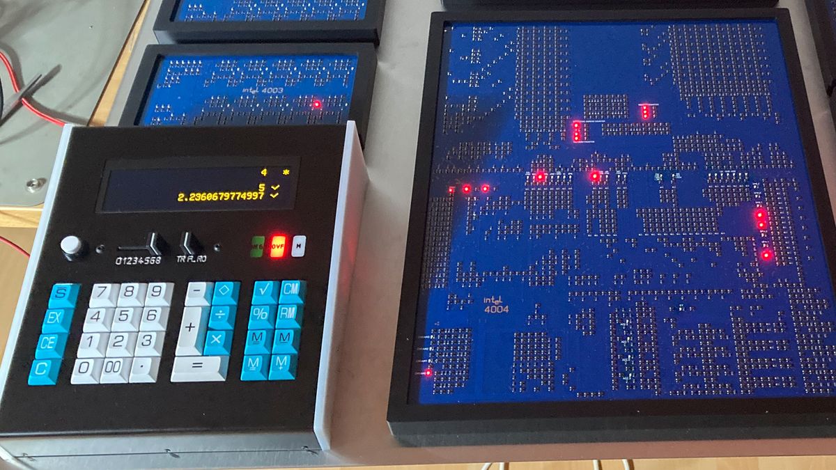 tomshardware's tweet card. Modern technology means the 130x scale discrete transistor 4004 CPU runs at twice the speed of the real thing.