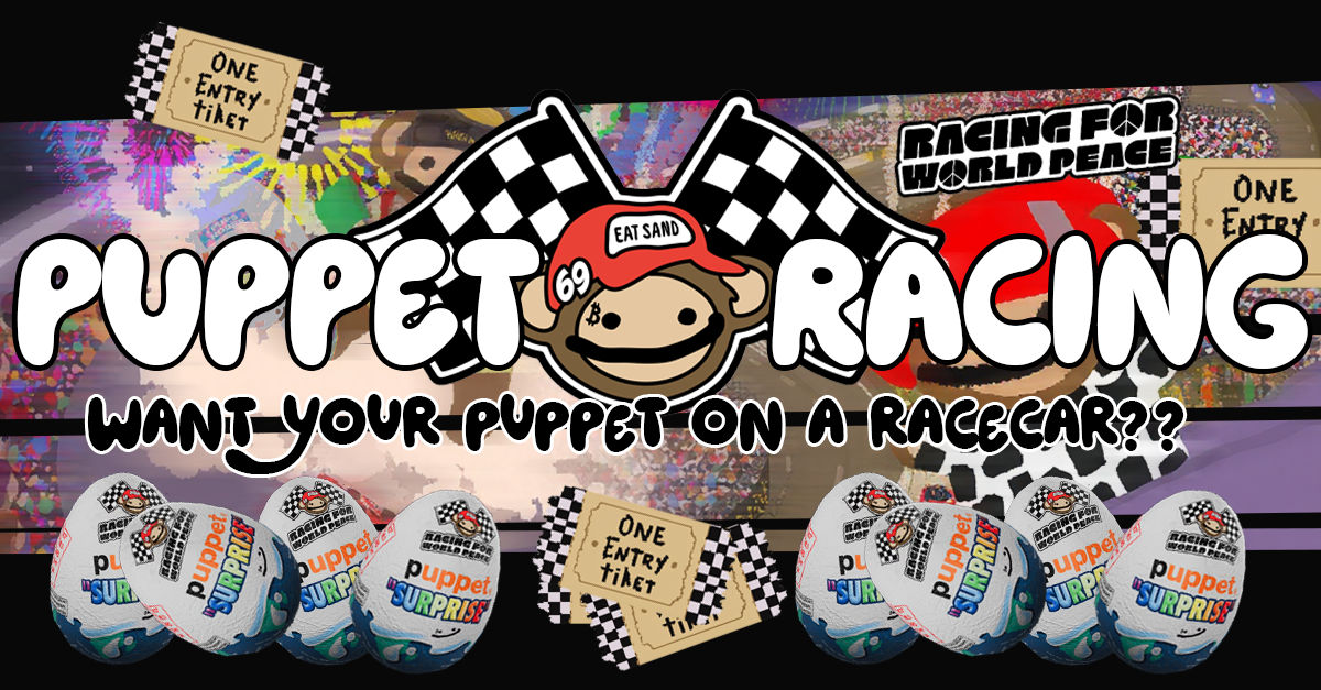 OrdXcom's tweet card. Join Puppet Guild in spreading world peace by sponsoring a race car. Mint exclusive items to support the Puppet Boxcar Race open source VPL collaboration.