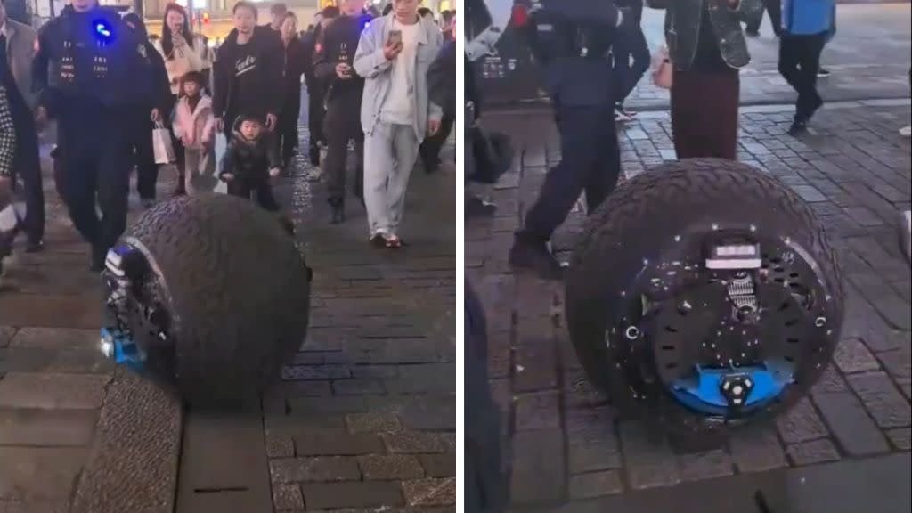 EBNWStory's tweet card. China has introduced a groundbreaking spherical police robot designed to autonomously pursue and immobilize criminals. Equipped with cutting-edge artificial