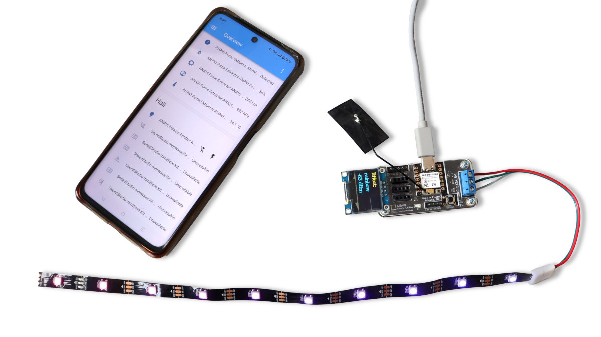 cnxsoft's tweet card. ANAVI Miracle Emitter is an ESP32-C3-based RGB LED strip controller compatible with Home Assistant over MQTT and WLED firmware.