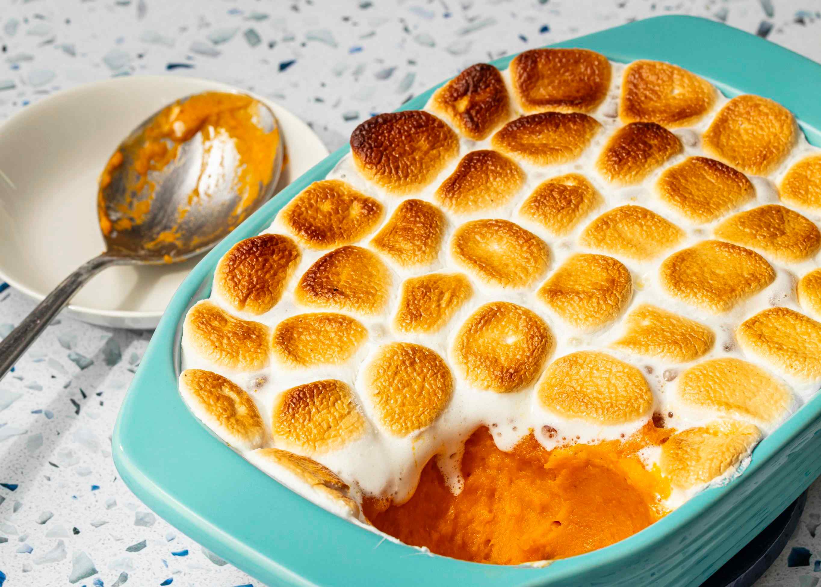 TestKitchen's tweet card. Every year between October and December, 35 million pounds of marshmallows are sold in America. A single dish—sweet potato casserole—accounts for much of that tonnage.