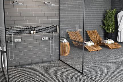 Tileometry's tweet card. Island Stone, manufacturer of handcrafted stone and glass tile, is bringing a modern take to the classic, beloved penny tile. Stone Mosaics Penny Rounds refresh the retro look with the dramatic app…