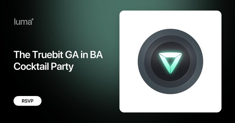 Truebitprotocol's tweet card. Meet the Truebit team and learn about GA! There will be an open bar and appetizers. Looking forward to seeing everyone in BA.