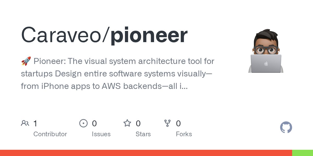 JohnnyCaraveo's tweet card. 🚀 Pioneer: The visual system architecture tool for startups Design entire software systems visually—from iPhone apps to AWS backends—all in one beautiful interface. AI-powered code generation. N...
