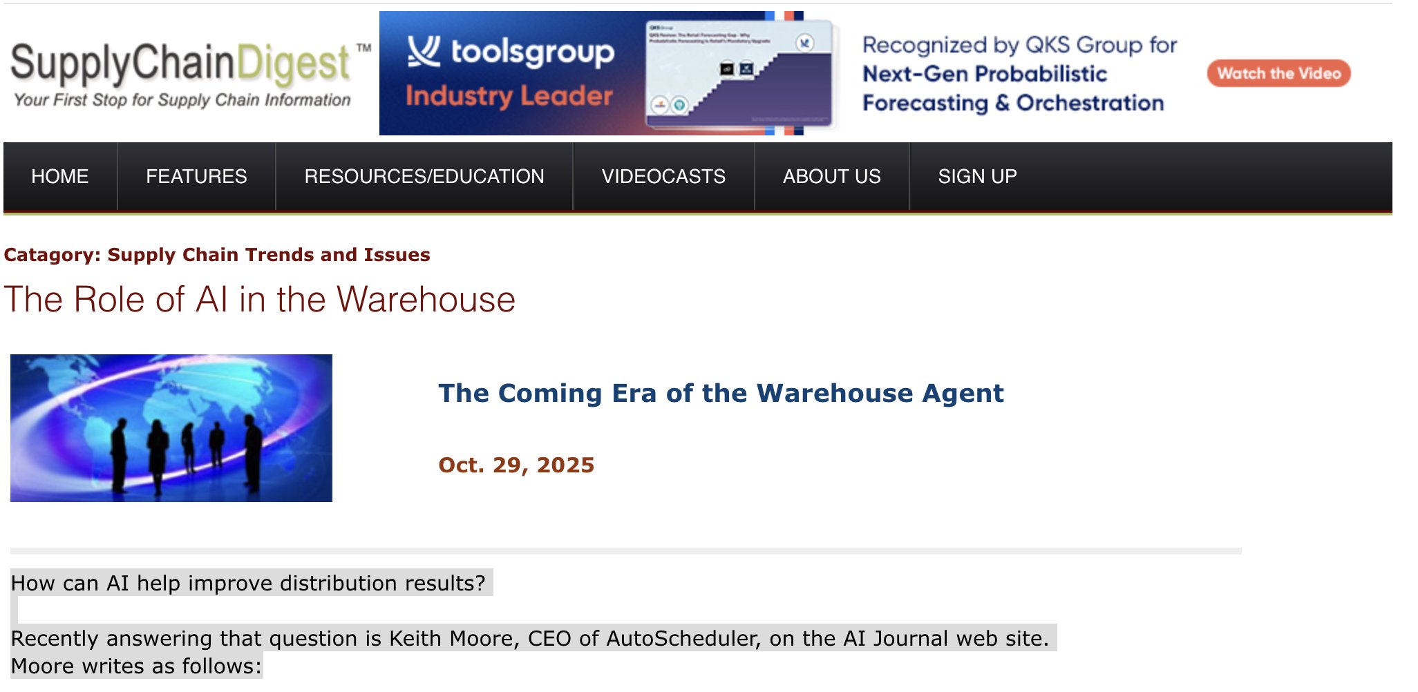 AutoschedulerAI's tweet card. How can AI help improve distribution results? Recently answering that question is Keith Moore, CEO of AutoScheduler, on the AI Journal web site. Moore writes as follows: