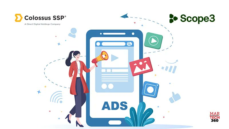 360MarTech's tweet card. Colossus Media LLC integrates with Scope3, offering brands and agencies high-performing green media solutions with carbon emissions