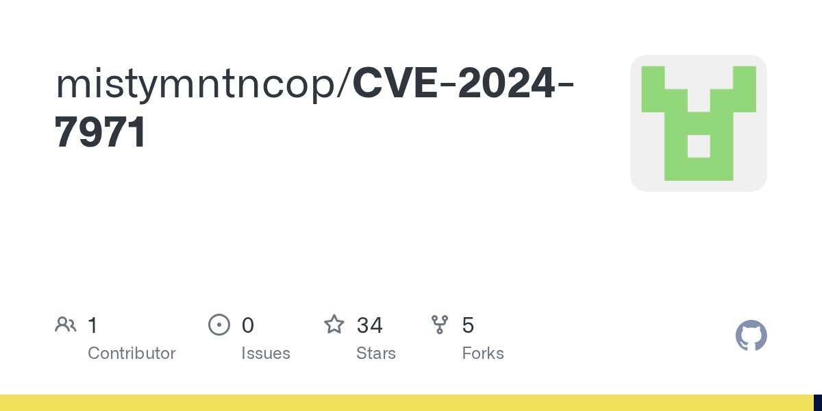 mistymntncop's tweet card. Contribute to mistymntncop/CVE-2024-7971 development by creating an account on GitHub.