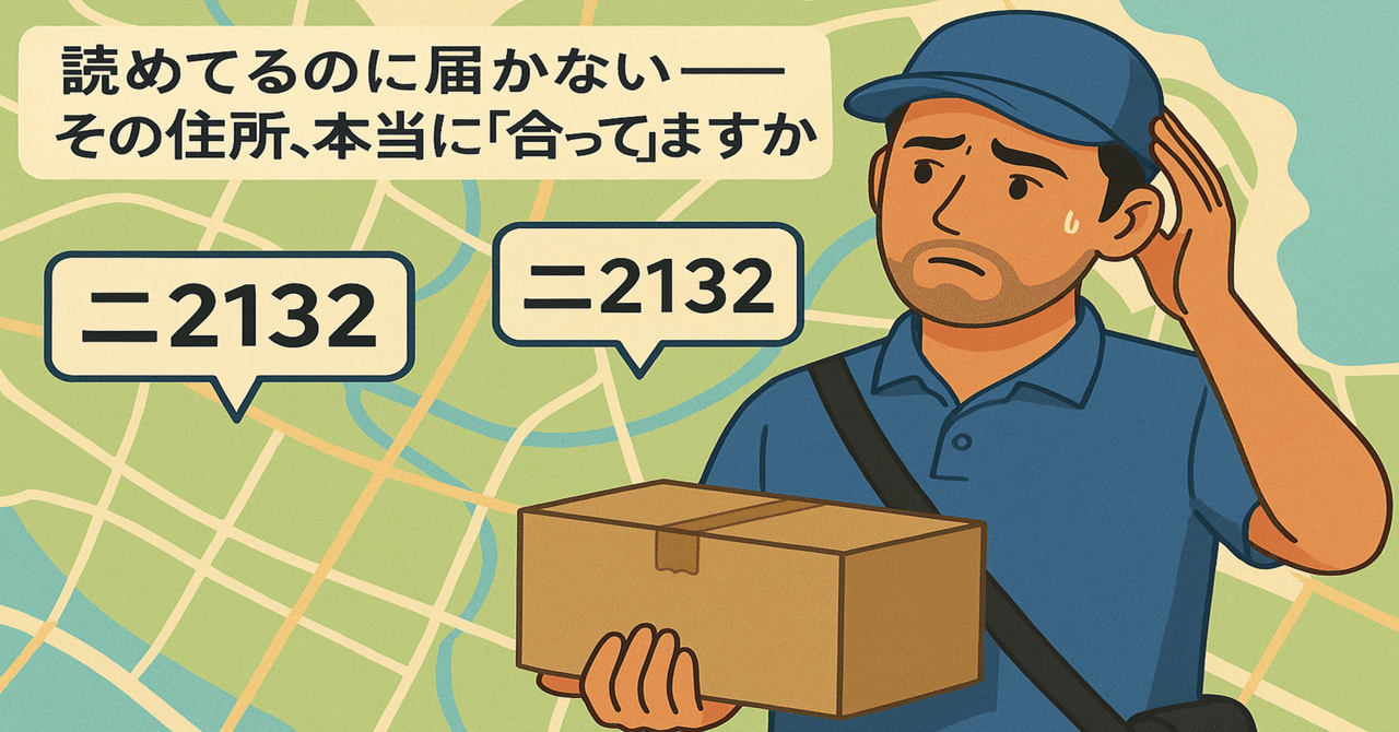 kohama_aimapDX's tweet card. ■見えているのに、届かない。 「ニ2132」と「二2132」── あなたには、この違いがすぐにわかりますか？ 「ニ」と「二」は視覚的に非常に似ており、OCR（光学文字認識）やシステム処理によって誤認されやすい文字の組み合わせです。 たとえば、千葉県旭市には「二2132」という住所があり、これは旭市役所の所在地です。 一方で「ニ2132」という表記は正式な住所としては存在せず、OCR誤認などで...