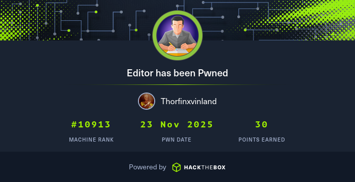 6173687561646d6's tweet card. I have just owned machine Editor from Hack The Box