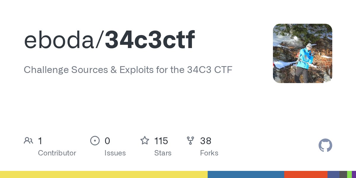 eboda_'s tweet card. Challenge Sources & Exploits for the 34C3 CTF. Contribute to eboda/34c3ctf development by creating an account on GitHub.