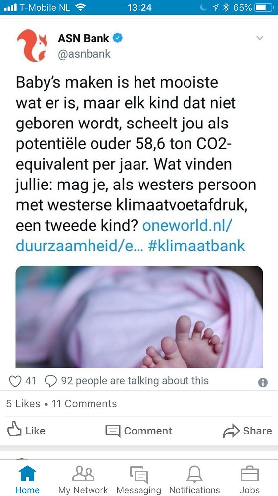 LifeWhatMatters's tweet card. Want die zijn beter voor het klimaat. Ja hallo! ASN bank. #klimaatbank. Bank voor #duurzaam en milieu. En allemaal andere ‘goede’ dingen. Neuken mag wel. Maar 2 kinderen stellen we ter discussie? Wát...