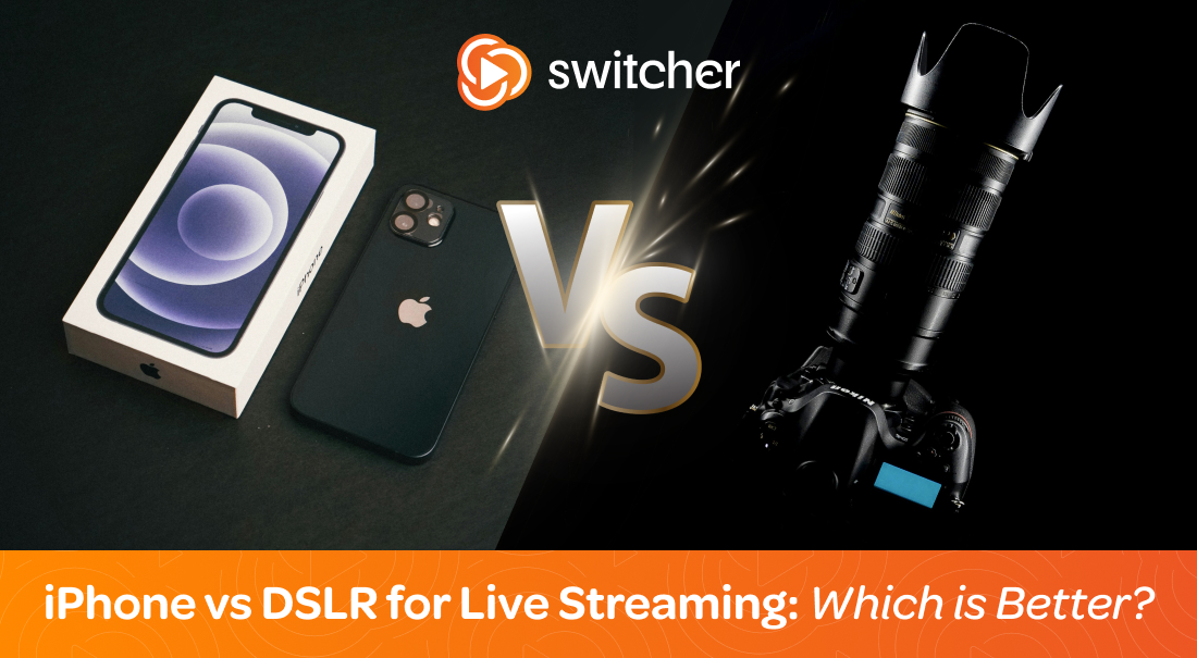 SwitcherStudio's tweet card. It's a battle of the cameras: iPhone vs DSLR for live streaming! Which one should you choose? Read this blog to find out what to consider.
