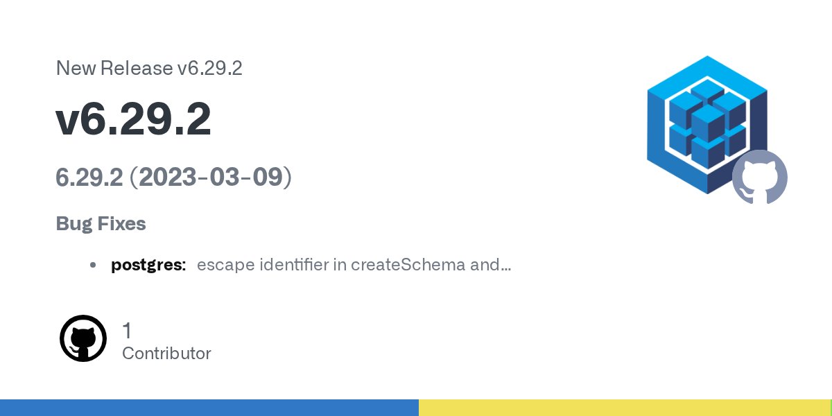 SequelizeJS's tweet card. 6.29.2 (2023-03-09) Bug Fixes postgres: escape identifier in createSchema and dropSchema (#15752) (1ad9a64), closes #15651 #14999