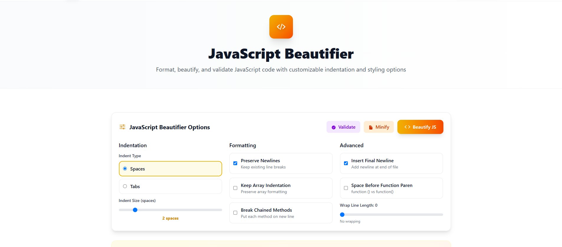 tcc_deepak's tweet card. Format and beautify JavaScript code with customizable indentation and validation options.