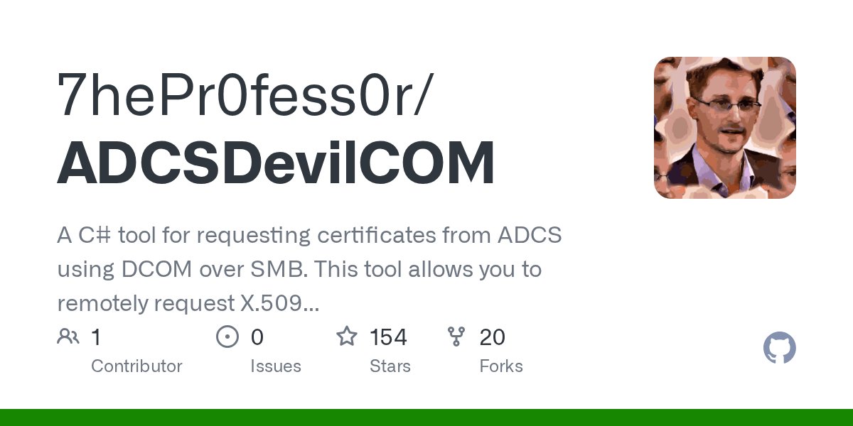 7h3h4ckv157's tweet card. A C# tool for requesting certificates from ADCS using DCOM over SMB. This tool allows you to remotely request X.509 certificates from CA server using the MS-WCCE protocol over DCOM and It bypasses ...