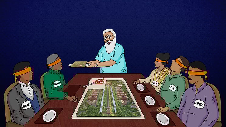 newslaundry's tweet card. Bit by bit, trick by trick: How Central Vista became a reality