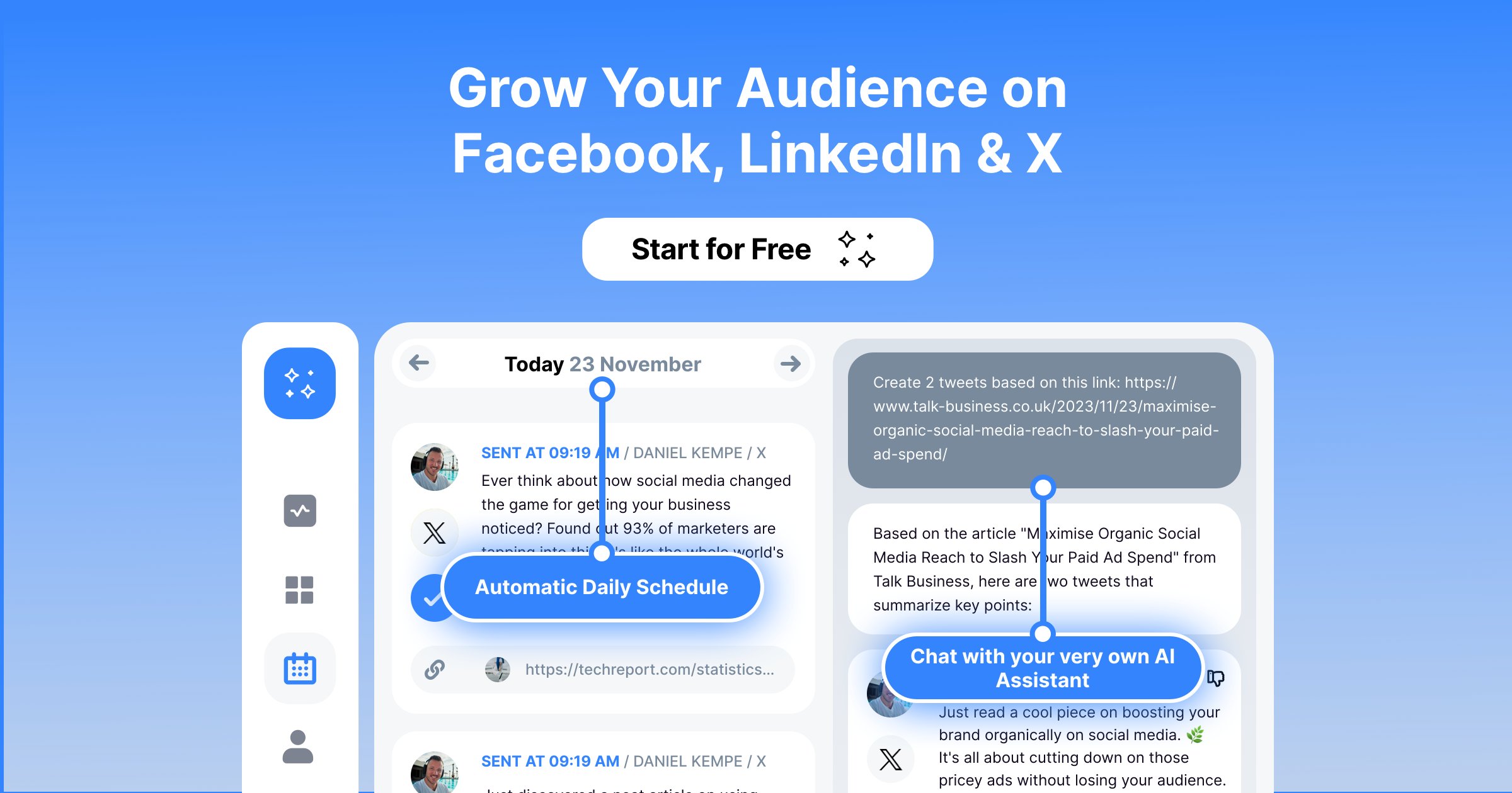 iStartValley's tweet card. Grow Your Audience on Facebook, LinkedIn & X - Our AI-driven platform automatically curates and schedules engaging content for you to share each day in your brand voice.