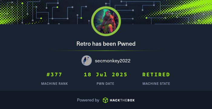 Secmonkey2022's tweet card. I have just owned machine Retro from Hack The Box
