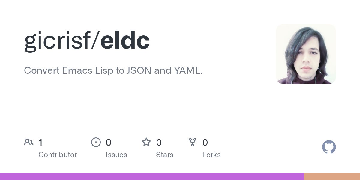 gicrisf's tweet card. Convert Emacs Lisp to JSON and YAML. Contribute to gicrisf/eldc development by creating an account on GitHub.