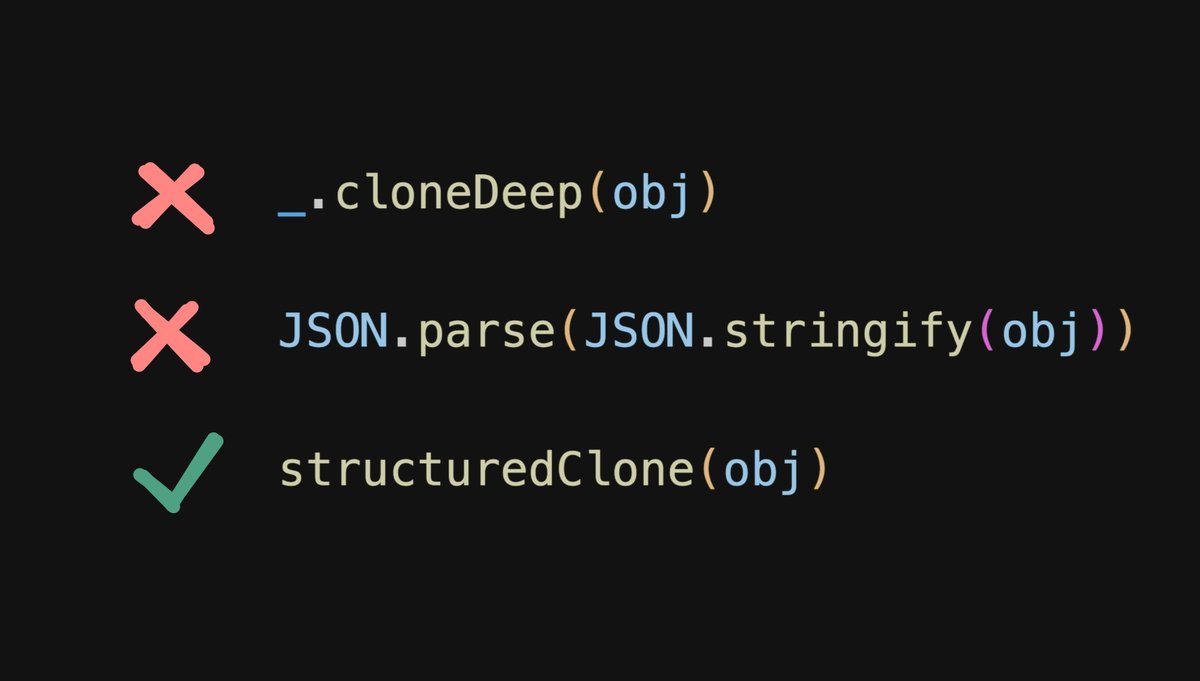 dimensionmedia's tweet card. It’s been a long time coming, but we finally now have the built-in `structuredClone` function to make deep cloning objects in JavaScript a breeze